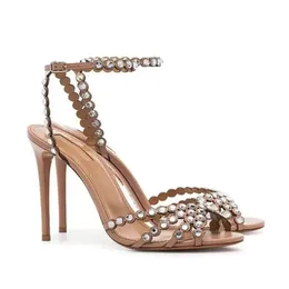 Designer de luxo Tequila Sandálias de couro Sapatos mulheres saltos altos enfeites de cristal vestido de noiva Gladiador Sanda243L