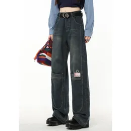 Женские джинсы голубые женщины джинсы сращивают американскую модную винтажную винтажную высокую талию в стиле уличной одежды широкая нога Жан -брюк.