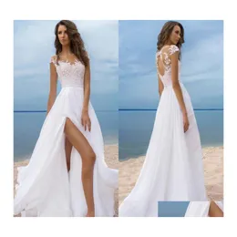 カーDVR A-Line Wedding Dresses Boho Summer Beach Chiffon a Line Sheer Cap Sleeves Applique High Split Hollow Back Bridal Gowns Drop Del Dh4ks