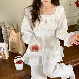 Women's Sleepwear White Lace Cotton Lolita Princess Pajamas Set Women Sleepwear Home Suit Ruffles Bow Bit Dot Loose Shirt Pants Pijamas 2Pcs 230303