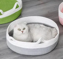 Camas de gato móveis cesta de cesta de ninho de algodão redonda corda de tecido quente casa de dormir, casa divertida arranhando arranhando 4114416