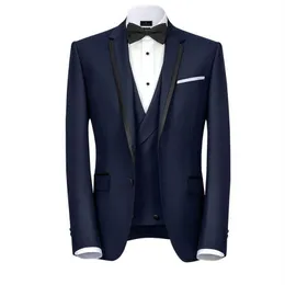 Marina Blue Designer Mens Suits One Button Groomsmen Boda de boda Traje de novio de la solapa con muesca con chaleco de chaqueta y pantalones Prom 312V