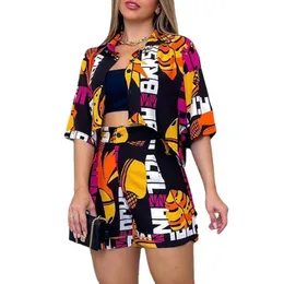 Womens two piece pants summer Artistic print lapel shirt is short at the front and long at the back High-waisted shorts 2piece sne0359 fashion trousers suit