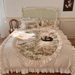 Set di biancheria da letto Set in stile americano Cotone di lusso Principessa Pizzo Volant Copripiumino Copriletto Gonna Federe Tessili per la casa