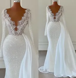 Arabic Aso Ebi Sequined Lace Mermaid Wedding Dress Sexy V Neck Long Sleeves Beaded Pearls Luxurious Bridal Gowns Dresses