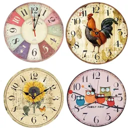 Wall Clocks Retro Wooden Wall Clock Owl Rooster Vintage Rustic Non-Ticking Silent Quiet Home Office Kitchen Nursery Living Room Bedroom Deco 230303