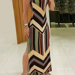 Casual klänningar färgglada randiga tryckta sidan slits maxi dres colorblock ärmlös Slim Long 230302