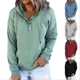 Hoodies Sonbahar Kış Kışlı Düğmesi Kanguru Pocket Giyim Katı Katı Üstler Jumper Bluz Kadın Giysileri BC406