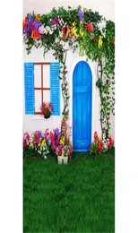 Witte muur blauwe deur pography achtergronden bedrukte kleurrijke bloemen wijnstokken