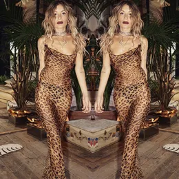 Casual Dresses Leopard Print v Ausschnitt Sexy Bodycon Lange Kleid Frauen spetsar upp backless Sommer Kleider Weibliche Straps Party Strand Vestido 230303