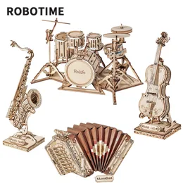 Blöcke Robotime Rolife 3D Holzpuzzle Spiele Saxophon Schlagzeug Akkordeon Cello Modell Spielzeug für Kinder Kinder Geburtstagsgeschenke 230303