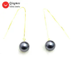 Orecchini pendenti Qingmos 10mm Orecchino di perla conchiglia di mare rotondo nero per donna con argento sterling color oro S925 Linea orecchio 4 '' E657