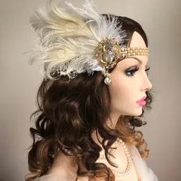 Fasce per capelli da donna Fascia per capelli vintage con piume Catena di metallo bianco Copricapo vintage per feste Gatsby anni '20 per accessori di carnevale per feste 230302