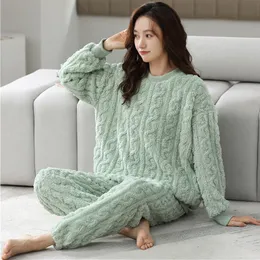 Kvinnors sömnkläder fdfklak kvinnors pyjamas set korall fleece hemkläder lösa varm sömnkläder kvinnlig färsk färg tjockare vinterpyjamas femme 230303