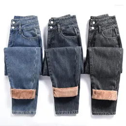 Frauen Jeans Winterjeans für Frauen samt dick warm warmes Jeanshosen hohe Taille Fleece Mutter Jean Baggy Vintage Weitbein Harem Hose