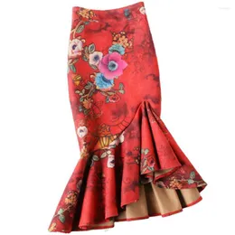 Skirts Irregular Ruffled Suede Printed Fishtail Skirt Women High Waist Package Hip Meiamrd Trumpet