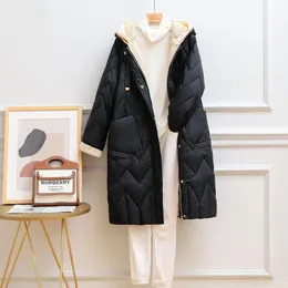 Kvinnor Down Parkas Winter White Duck Parker Casual Loose Warm Frivolous Outwear Long Coat Kvinnor Stickning av skarv Huven Fjäderjacka