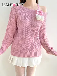 Swetery kobiet Iamty Aesthetic Furball Bow Koronki w górę różowy sweter kawaii luźne skręcone dzianiny lolita japoński jumper bajki 230303