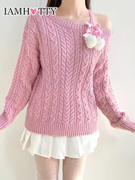 Damenpullover IAMTY Aesthetic Furball Bow Lace Up Rosa Pullover Kawaii Loose Twist Strickpullover Lolita Japanischer Stil Pullover Fairycore 230303