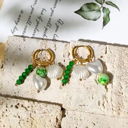 Hoop Earrings & Huggie Green Beads Natural Shell Pearl Stainless Steel For Women Round Metal Trendy Jewelry Bijoux Femme GiftHoop