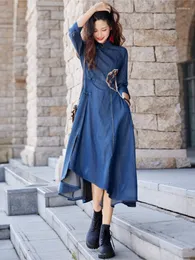 Abiti casual QPFJQD Donna Lrregular Cotton Stile cinese Blu Denim Dress 2023 Donna Autunno Primavera Retro Ricamo Allentato