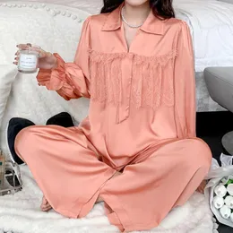 Kadın pijama kadınları yaka saten dantel trim pijamaları dökme femme bahar ev kıyafetleri uzun kollu gecelik elastik bel salonu giysileri