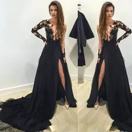 Black Lace Formal Beading Prom Dress Long Sleeve Elegant Pageant Sexig Cut Prom Gown Side Split Long Train See Through Party Woman Dresses