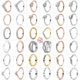 925 Srebrne kobiety dopasowane Pandora Pierścień Oryginalne serce Crown Pierścienie moda Rose Gold Clear Cyrron Bringling Runk