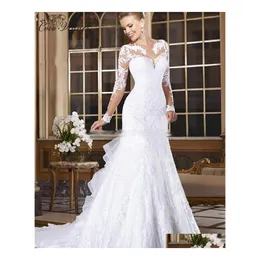 car dvr Mermaid Wedding Dresses Elegant Sheer Neck Lace Illusion Long Sleeves Appliques Fish Tail Plus Size Custom Made Bridal Gowns Ba9779 Dh7K2