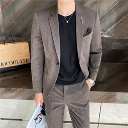 남자 양복 블레이저 재킷 스패츠 브랜드 의류 남자 고품질 면화 사업 블레이저/남성 슬림 핏 면화 2 정장/줄무늬 신랑 드레스 230303