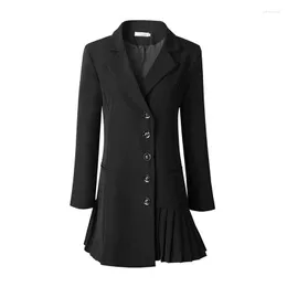 Damenanzüge 2023 Frühlingsfrauen-Blazer einreihig plissiert schlank schwarz kleiner Anzugjacke Damen lang langärmelig weiblich W912