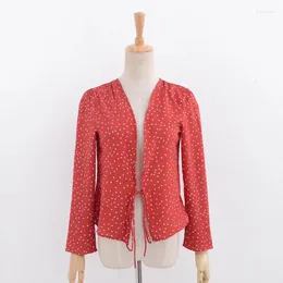 Kvinnors blusar Crop Top Women Chiffon 2023 Autumn Star Print Red Long Sleeve Kimono Cardigan Blusa Summer Tops Shirts