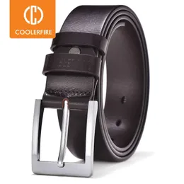 Bälten CoolerFire Belts For Men Black and Brown Top Full Grain Leather Big Silver Buckle Dress Belt JTC001 Z0228