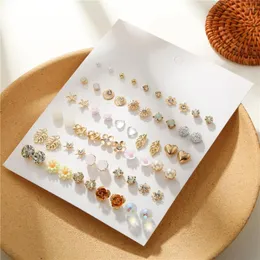 Stud Earrings 30 Pairs/lot Set For Women's Personality Fashion Sweet Pearl Tree Leaves Love Gold Geometric Alloy Multi-style Jewelry