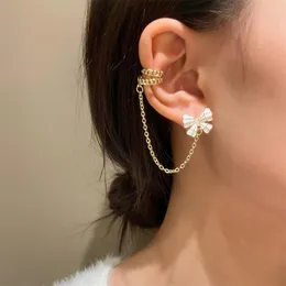 Backs Earrings Crystal Rhinestone Butterfly For Women Tassel Chain Dangle Gold Color Fashion Cuff Ear Clipe On Jewelry