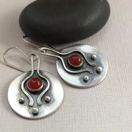 Dangle Earrings Ethnic Round Metal Carving Pattern Hook For Women Vintage Silver Color Inlaid Red Zircon Drop Jewelry