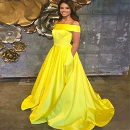 Prom Party Kleid gelbe Abendkleider Neues formelles Mädchen Festzug eine Linie Satin Plus Size Custom Schnürkleid Ballkleid Off-Shoulder Batteau