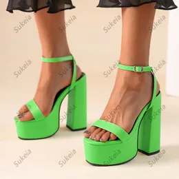 Sukeia Ручные женщины-сандалии лодыжка лодыжка коренастой каблуки круглой ноги великолепные зеленые небо синие выпускные туфли дамы США размером 5-15