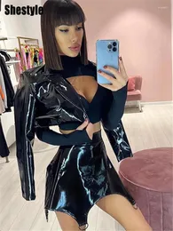 Work Dresses Shestyle PU Leather Sexy Outfits For Woman Solid Color V Neck Coats Asymmetrical Skirts Nightclub Bar Clothing Casual 2023