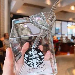 300ML to 400ML Starbucks Mugs Milk Box Creative Design Glass Drinking Straw Cold Drink Cup247U