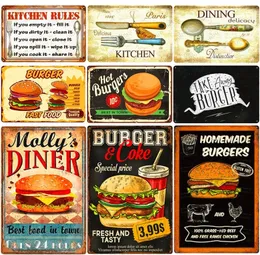 Placa de regras de cozinha vintage, hambúrgueres, batatas fritas, sinal de lata de metal, decoração de quarto de casa, comida rápida, placa de metal, pôster de parede de jantar 30x20cm w03
