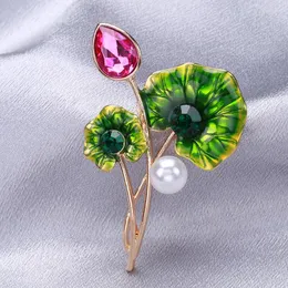 Broszki Lotus Liść Rhinstone Pins Kobiet Enamel Zielona Perl Plant Partia Wedding Bukiet DIY Jewelry Accesories