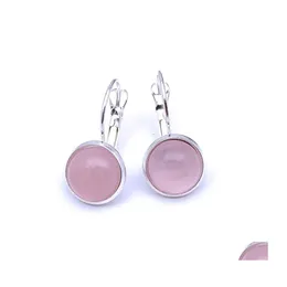 Charm Sier kaplama 10mm pembe gül kuvars şifa kristal takılar küpeler geometrik doğal taş küpe kadınlar için mücevher damla dhgeq