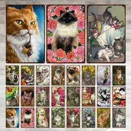 Vintage Carefree Cat Poster Metal Tin Signs European Lovely Animal Flower Metal Plaque Wall Art Decor For Cafe Bar Pub Club Home personalized Tin Sign Size 30X20CM w01