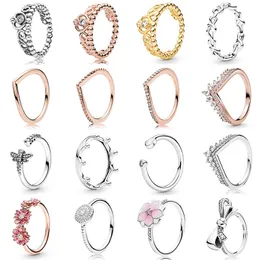925 Silver Kvinnor Fit Pandora Ring Original Heart Crown Mode Ringar Glittrande Rose Gold Wishbone Butterfly Crown Crystal