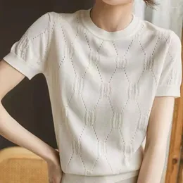 Kadın bluzları Kısa kollu blusas mujer de moda 2023 verano elegantes üstleri örülmüş kumaş kanca çiçek içi boş beyaz siyah renkli giysiler