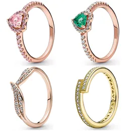 925 Mulheres prateadas FIT PANDORA RING ORIGINAL CORONHA COROWN RINGS DE MODIMENTO ROSA Folhas de coração elevado sobrepunda -se com cristal