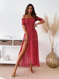 Casual Dresses Puloru Elegant Floral Off Shoulder Maxi Dress Women Summer Short Sleeve High midja A-Line Office Lady Split Ruffle