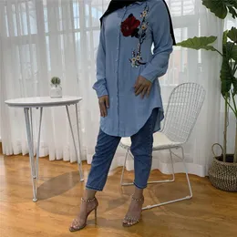 Ubranie etniczne muzułmańska sukienka moda na Bliski Wschód Duabi Abaya Turcja Szata Kobiet Lapel Long Sleeve Haft Slim Denim Tops