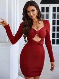 Vestidos casuais Adyce 2023 Winter Night Bodycon Bandage Mulheres Sexy Hollow Out Manga Longa Clube de Aniversário Sólido Festa de celebridade